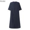 ZANZEA Vestido casual de manga corta de color sólido con cuello redondo para mujer