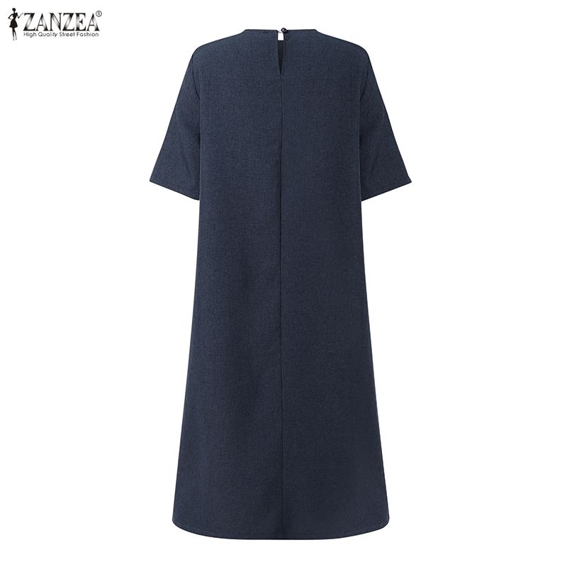 ZANZEA Vestido casual de manga corta de color sólido con cuello redondo para mujer