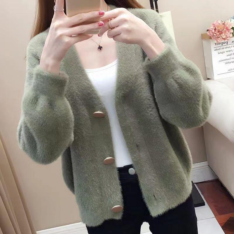 Women's Faux Mink Fleece V-neck Cardigan – Versatile Autumn & Winter Fashion