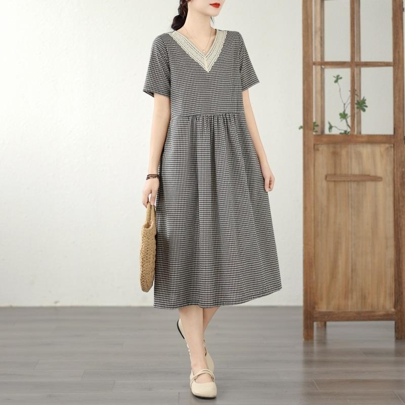 Short Sleeve Plus Size Cotton Lace Vintage Plaid New In Dresses for Women Casual Loose Long Summer Dress