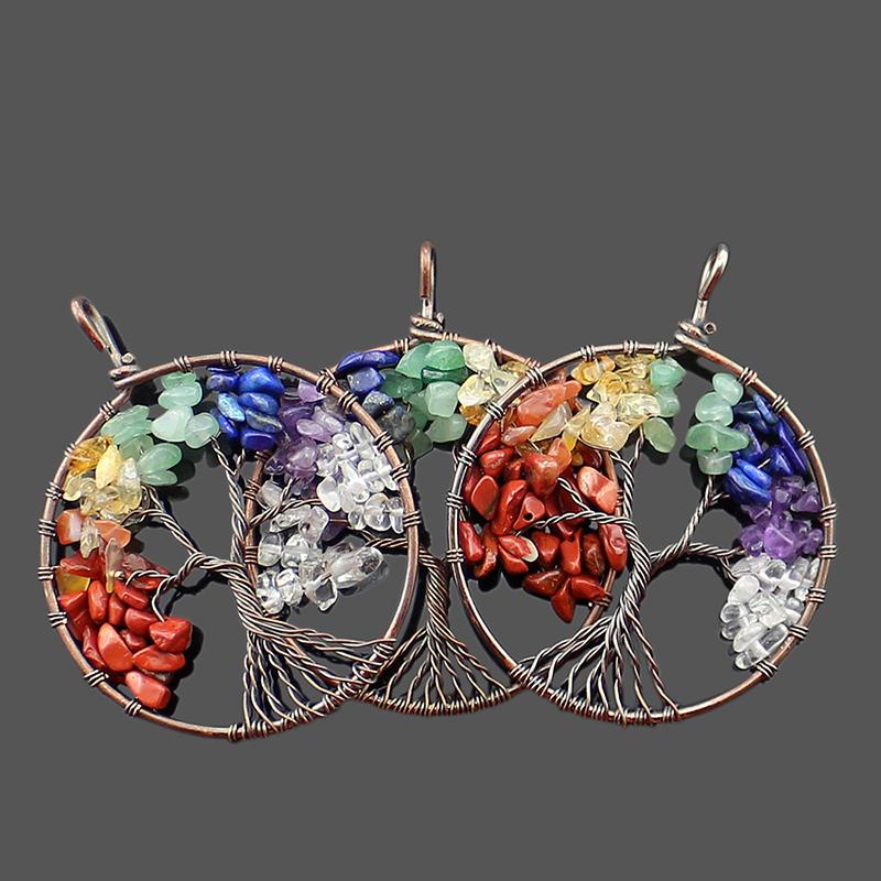 Crystal Chakra 7 Colour Stone Pendant Tree of Life Shape Natural Charm Pendants Antique Bronze Plated Crystal, Rhinestone CN;GUA