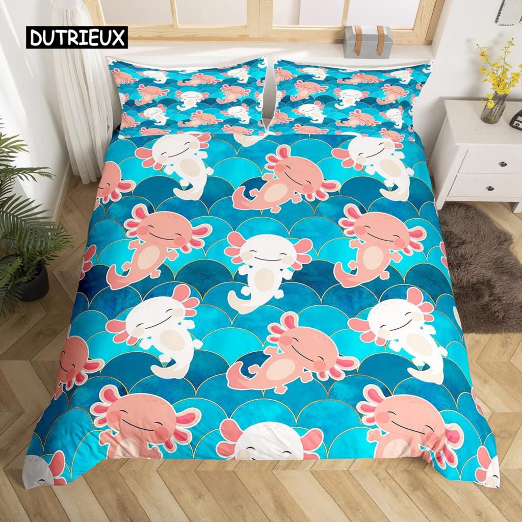 Axolotl Duvet Cover Set Pink Newt Wildlife Comforter Cover with Pillowcases Cartoon Octopus Animal Kawaii Style Twin Quilt Cover
