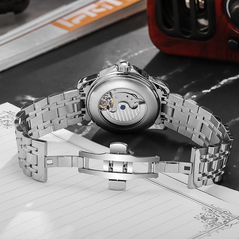 Tourbillon Skeleton Moon Phase Mens Watches Top Brand Luxury Stainless Steel Luminous Automatic Mechanical Watch