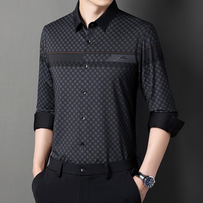 

Весенне-осенняя мужская бесшовная клетчатая рубашка с длинными рукавами, деловая повседневная мужская рубашка среднего возраста, тренд XXXXL