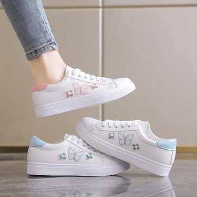 Damen Leder Pu Freizeitschuhe Neu 2025 Damenschuh Mode Bestickte Weiße Sneakers Atmungsaktive Blumen Schnürschuhe Damen Sneakers