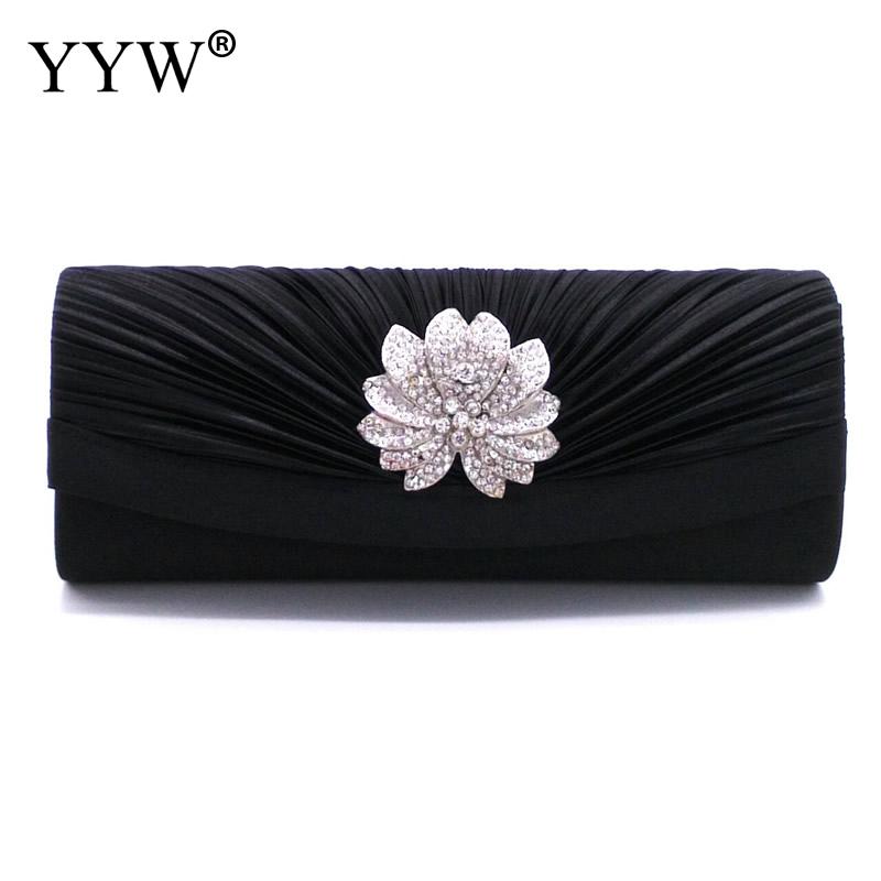 

YYW Satin Pleat Clutch Bag Women 2022 Rhinestone Flowers Evening Party Bags Sling Shoulder Bags Female Wedding Purse Sac A Main чёрный
