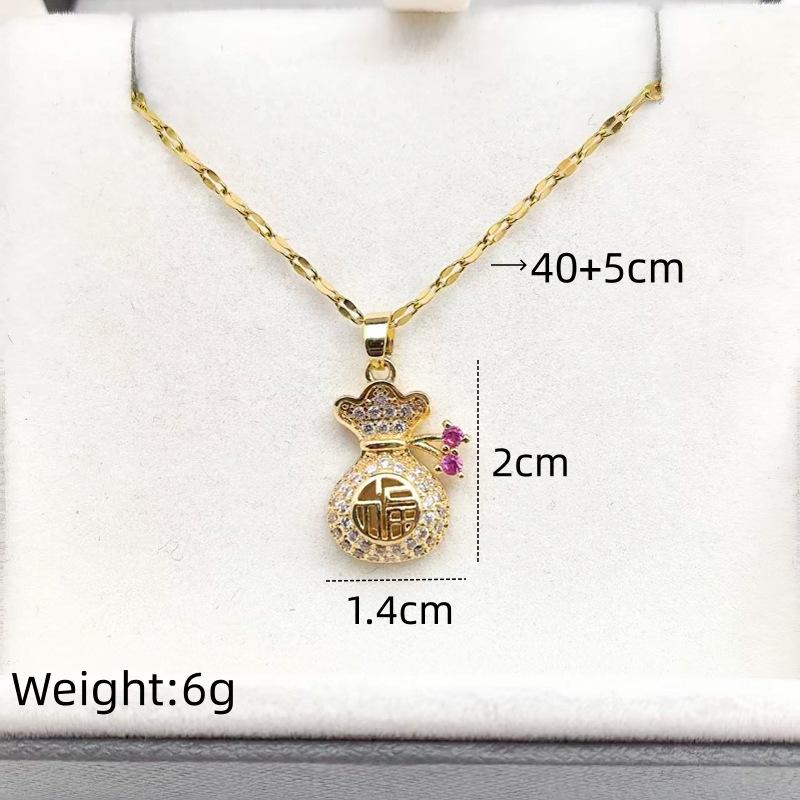1 Pcs Fine Lucky Bag Copper Pendant with Zircon Necklace Steel Clavicle Chain Women's Girls' Elegant Accessories