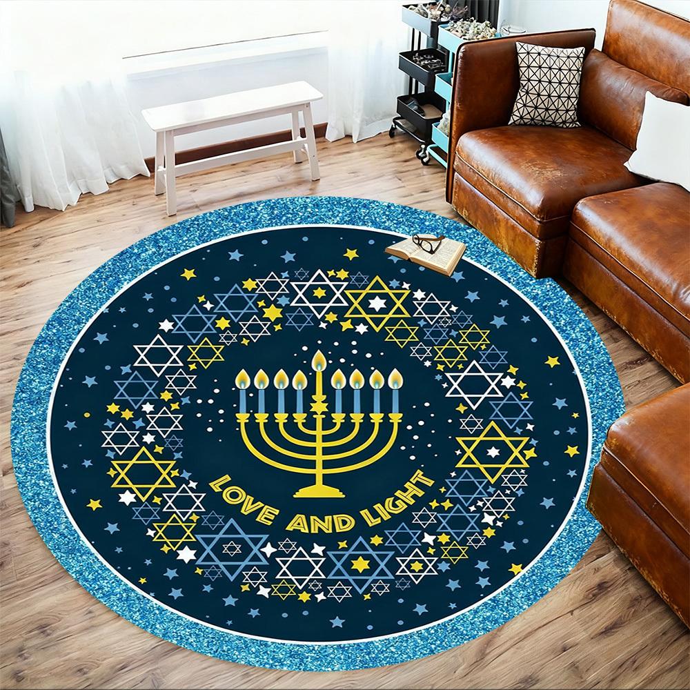 1pc Hanukkah Menorah Round Chair mat office Area Rug - Non-Slip, Floor Mat for Office, Bedroom, Ideal home decor gift c0112066
