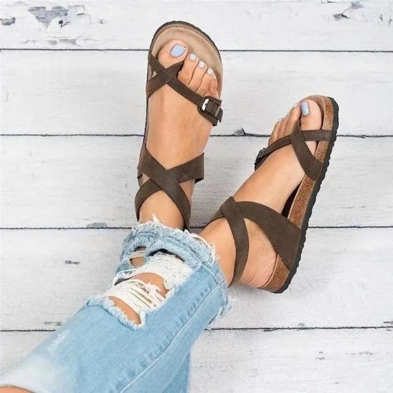 Fashion Multi Colored Womens Sandals with Open Toe Straight Buckle Strap Non Slip Wear-resistant 2025 New Summer Outdoor PU Flat Sandals