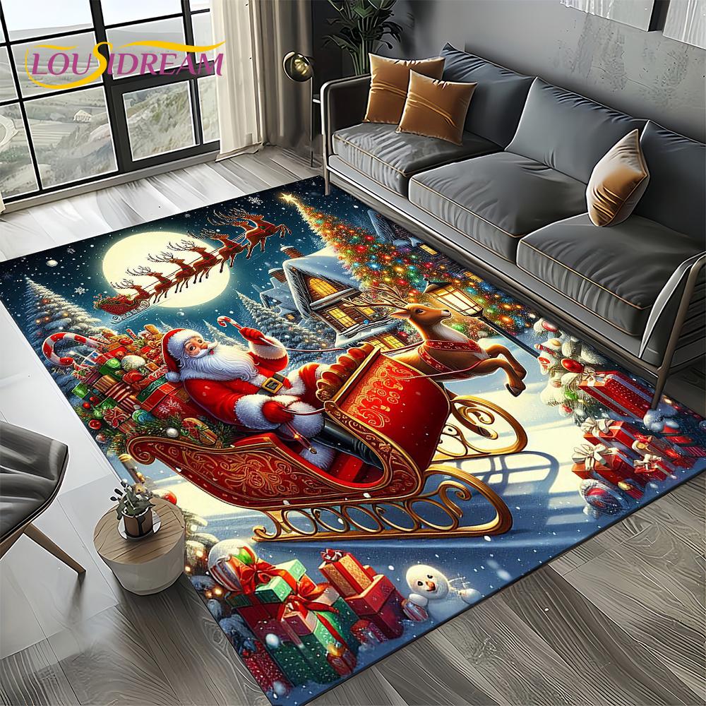 2025 Merry Christmas Tree Santa Claus,New Year Fairy Tale Gift Carpet Rug for Home Bedroom Sofa Doormat Decor,Non-slip Floor Mat