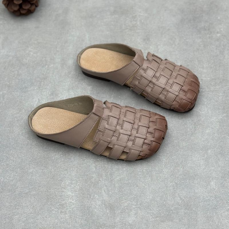 Johnature Genuine Leather Woven Slippers Handmade Comfortable Breathable Soft Soled Women's Slip-on Shoes