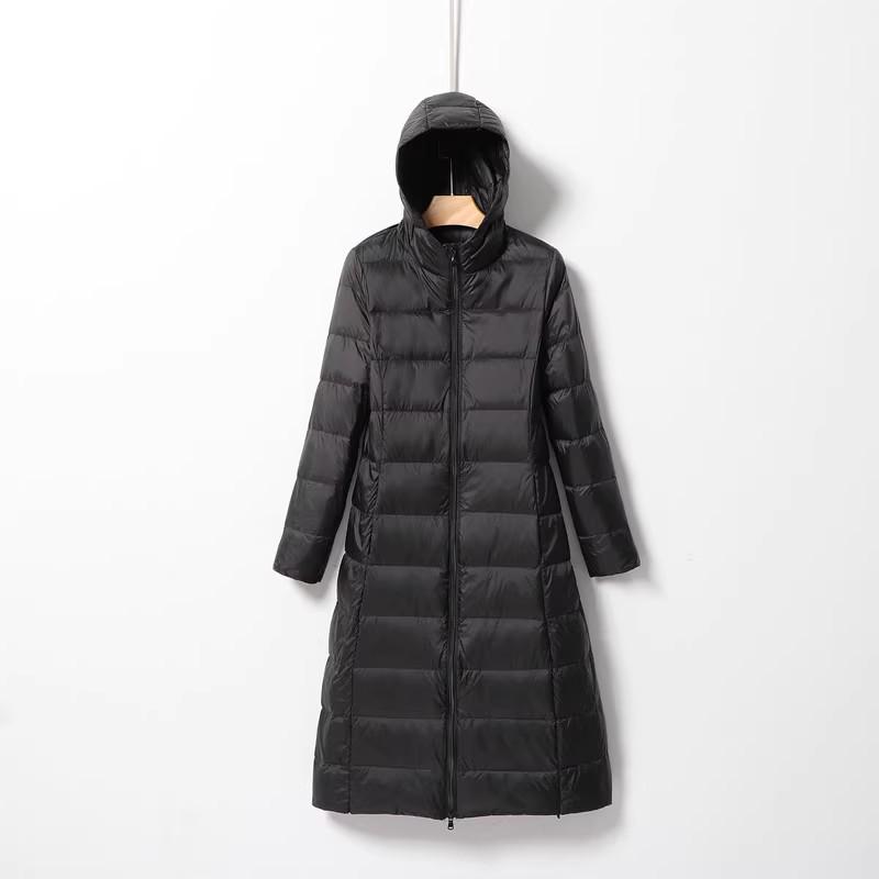 Women's Long Hooded Lightweight Down Jacket - Korean Style Slim Fit, Over-the-Knee