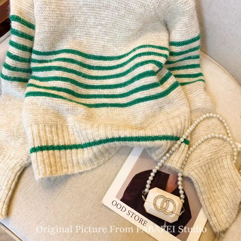 Women's High-Grade Mohair Striped Knit Sweater - Soft, Fluffy, Contrasting Colors, Long Sleeve, Lazy Autumn Style