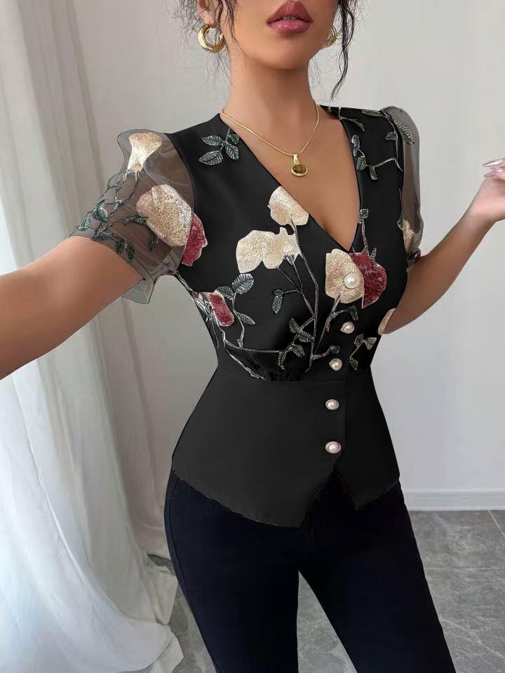 2025 Women's Floral Embroidery Lace Pleated Top - European & American Trend
