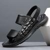 2024 Sommer Echtes Leder Schuhe Herren Sandalen Flach Rutschfest Weich Urlaub Herrensandalen Dicke Sohle Herrenschuhe Reines Schwarz D074