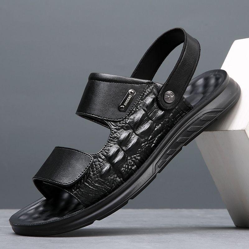 2024 Summer Genuine Leather Shoes Men Sandals Flat Non-slip Soft Holiday Mens Sandals Thick Sole Male Footwear Pure Black D074