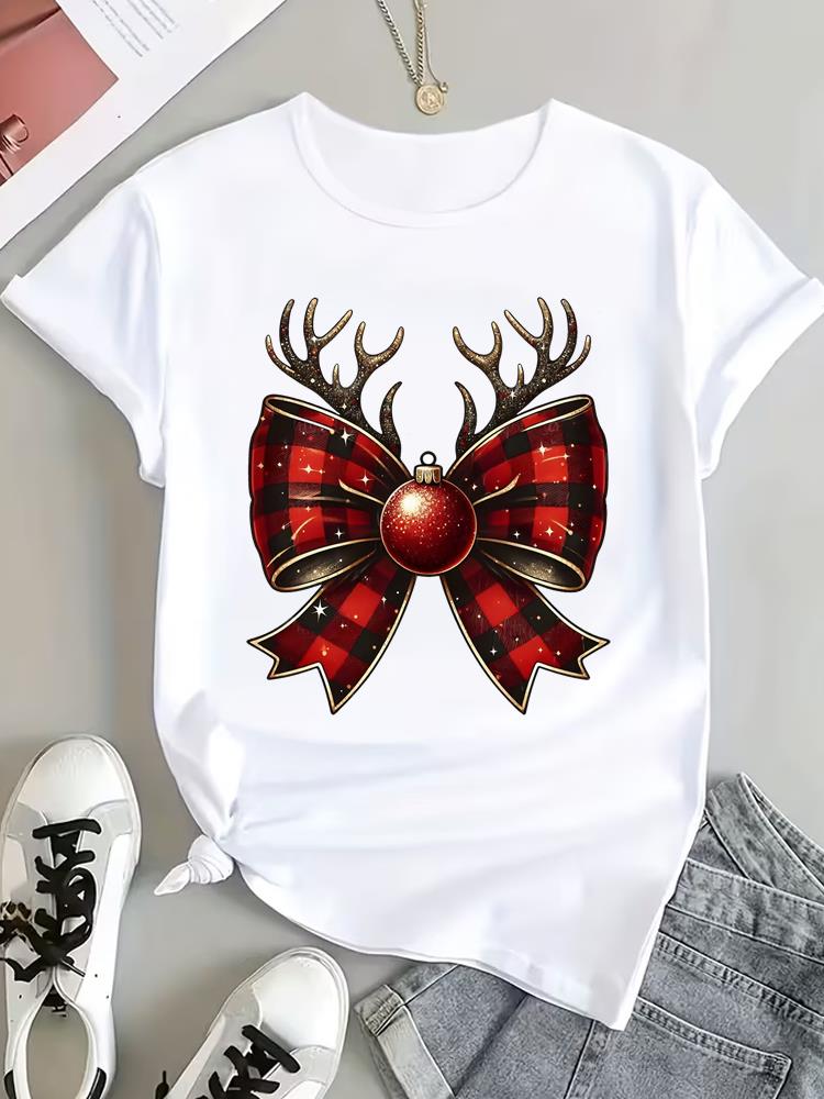 (Asian Size) Style Cute Tee Top Print Christmas New Year Clothing T Shirt Women Fashion Festival Female Woman Short Sleeve Graphic T-shirts