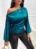 Women's Asymmetrical Satin Shirt - Slanted Collar, Long Sleeve, Spring/Summer