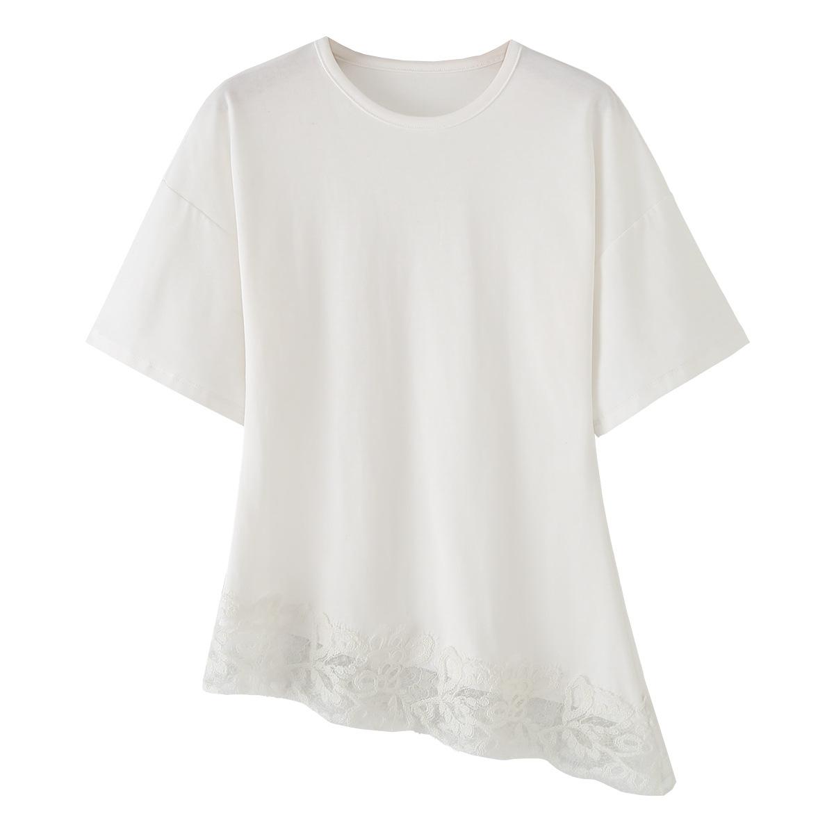 European and American women s clothing popular round neck short-sleeved lace heavy T-shirt S белый