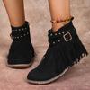 Women's Solid Color Stylish Boots, Tassel Studded Buckle Belt Plush Lined Winter Boots, Comfort Round Toe Snow Boots fall