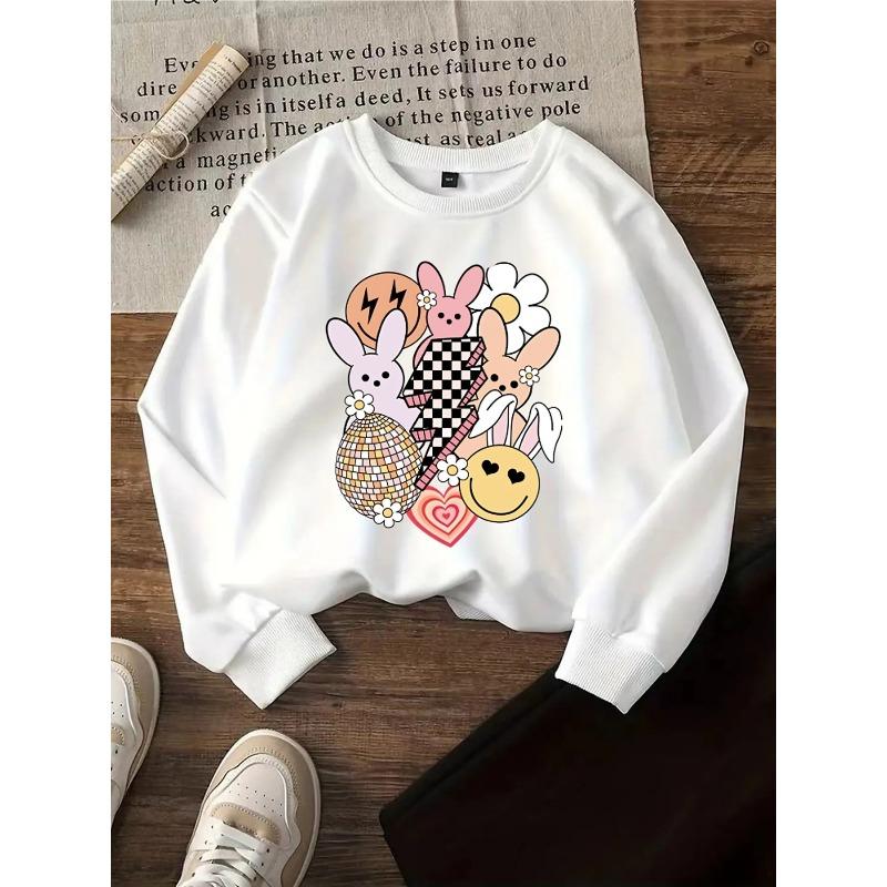 European sizes Kids' Crewneck Sweatshirt - Bunny Faces Joyful Heart Flower , Sportswear And Casual Wear, Soft And Comfortable, Children's Clothing