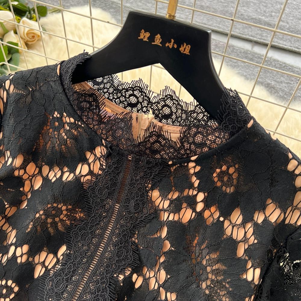 Vestidos Midi de Festa Femininos Vintage de Manga Comprida Vazados em Renda para Primavera Outono