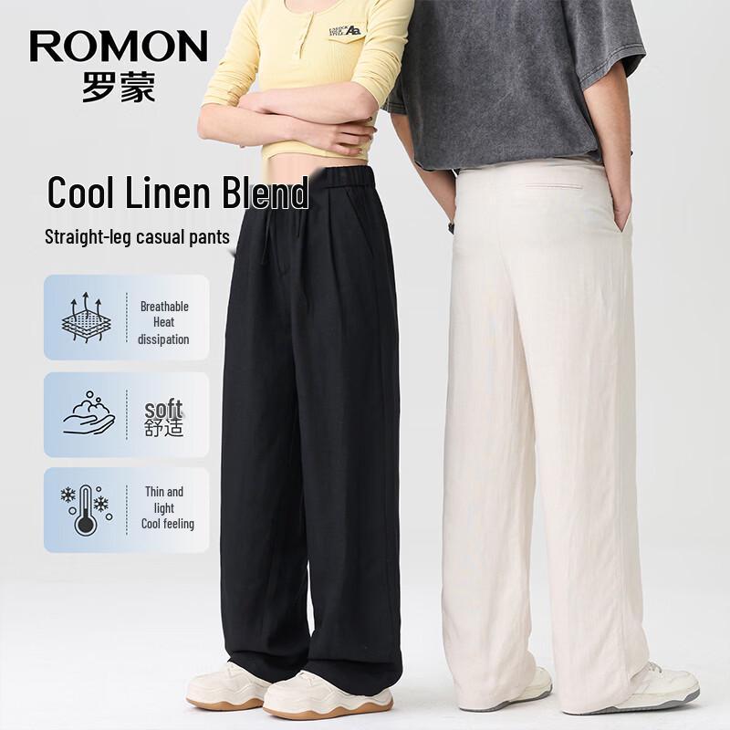 Luomeng Unisex Ice Silk Linen Blend Straight-Leg Casual Pants
