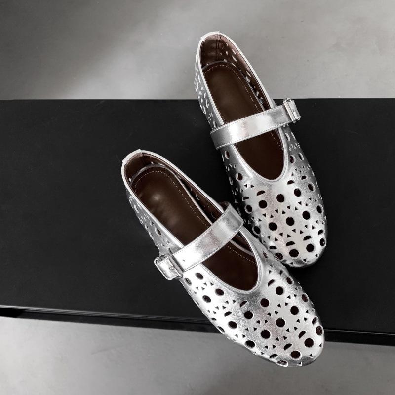 Mary Jane single shoes women's 2025 spring and summer new round head breathable casual versatile height increase one-word buckle hollow ballet shoes