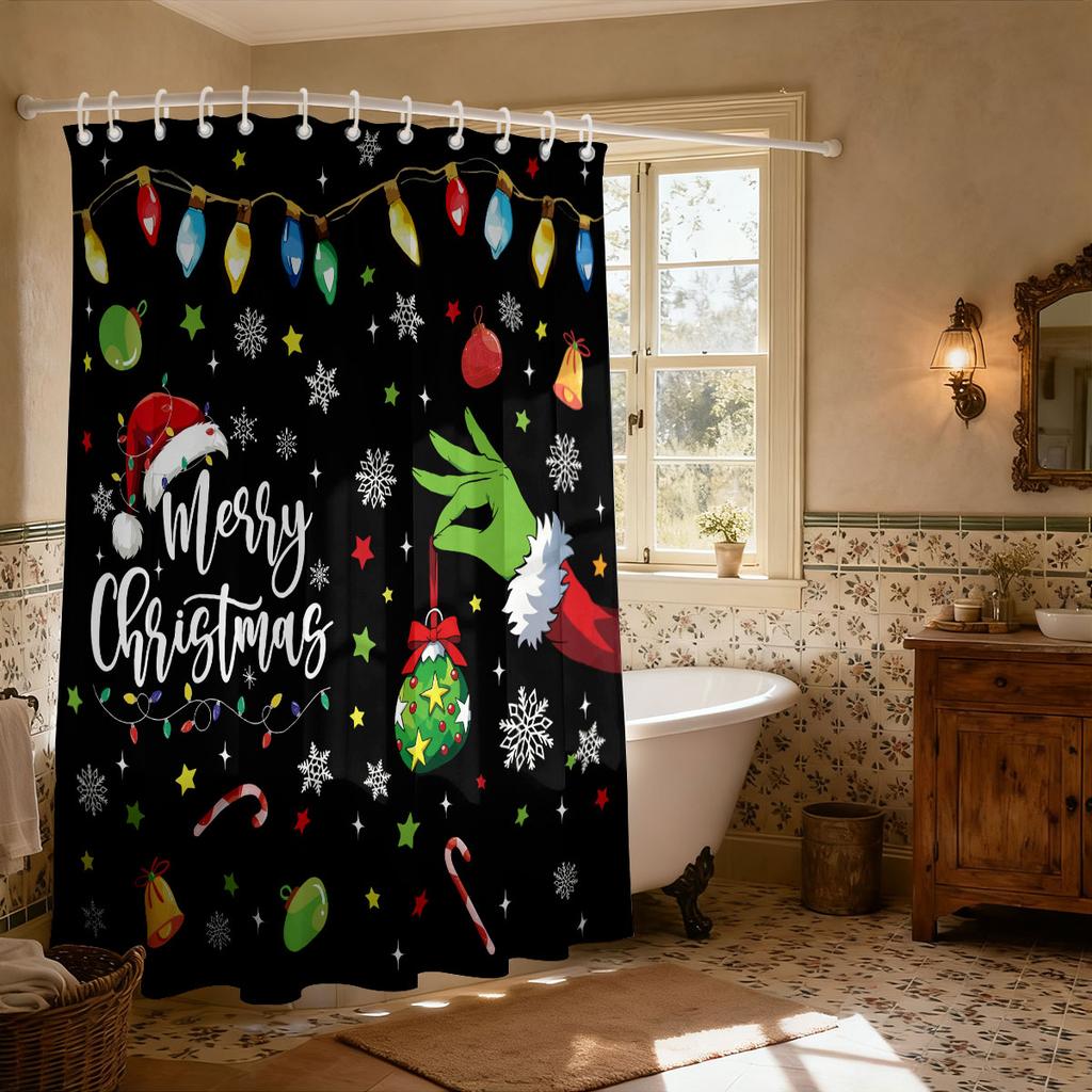 1pc Merry Christmas abstract element print waterproof shower curtain partition privacy hanging curtain 12 hooks multiple sizes