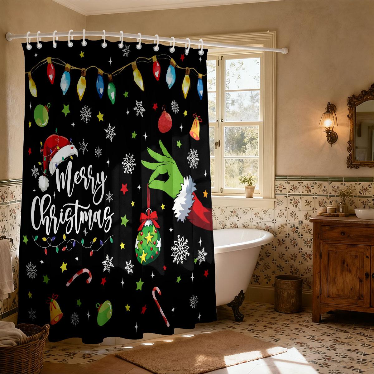 

1pc Merry Christmas abstract element print waterproof shower curtain partition privacy hanging curtain 12 hooks multiple sizes 90x180cm