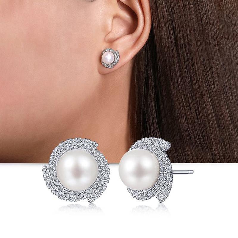 Irregular Curved Spiral Full Pave Cubic Zirconia Halo Round White Pearl Piercing Stud Earrings Silver Tone Elegant Banquet Ladies Accessories