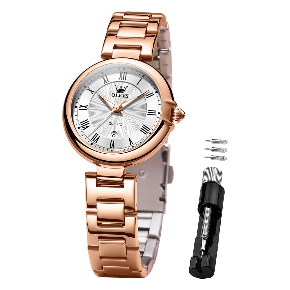 OLEVS Women s Quartz Watch Lightweight Waterproof Luminous Stainless Steel Rose Gold & White