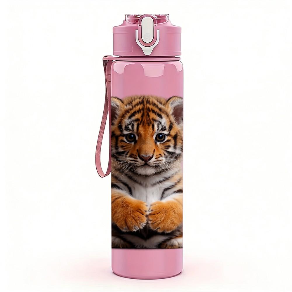 1PC Realistic Tiger Cub Animal Print 750ml Color Plastic Sports Water Bottle Leakproof Flip Straw Lid Suitable for Sports Office Home Use