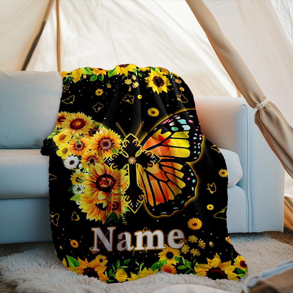 Sunflower Butterfly Customize Your Name Outdoor Blanket Comfortable Soft Lightweight Allseason Multipurpose Blanket For Travel Camping Picnics Sofa