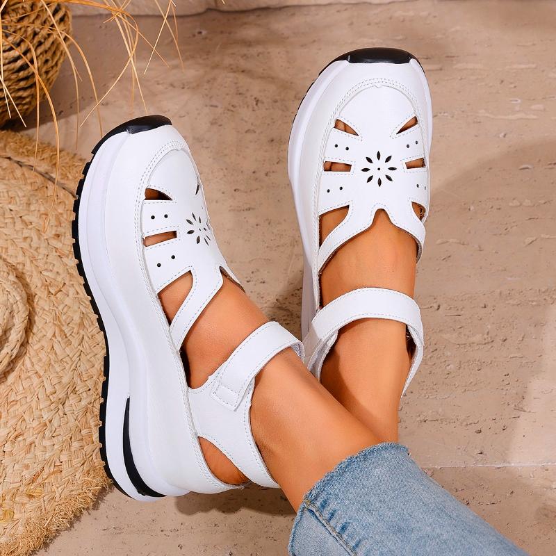 Fashion Women's Summer Selling Sandals 2025 New PU Leather Hollow Design Fashion Hook & Loop Non-slip Thick-soled Mujer Zapatos