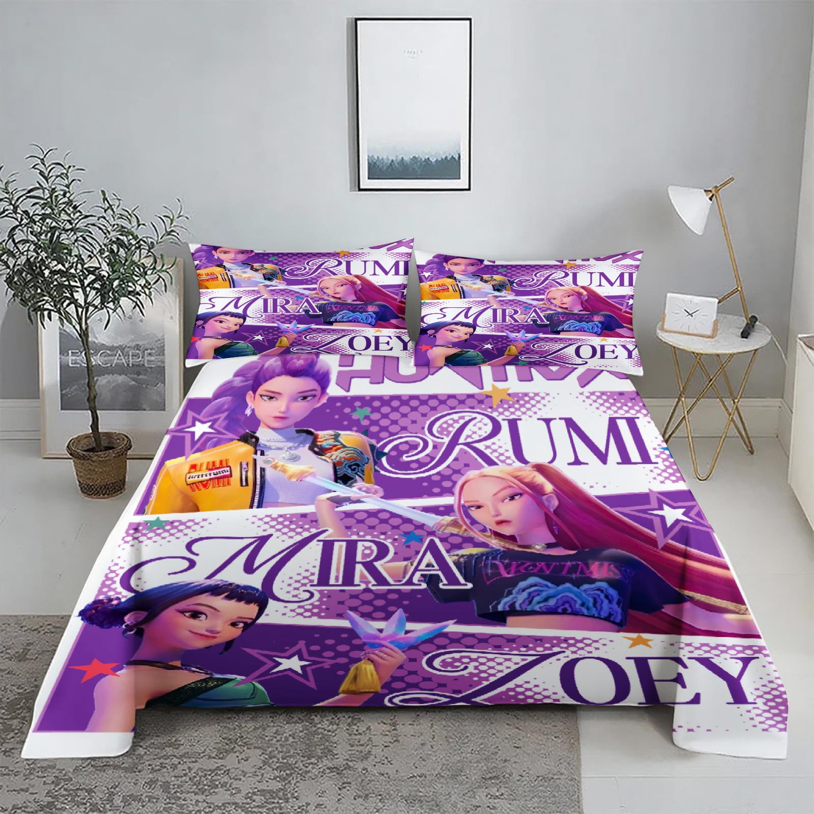 

Huntrix, Rumi, Mira, Zoey-Demon Hunters K-pop Bed Sheet Set 3D Printed Bed Flat Sheet With Pillowcase Bed Linen King Queen Size 160X230cm(2Pcs)