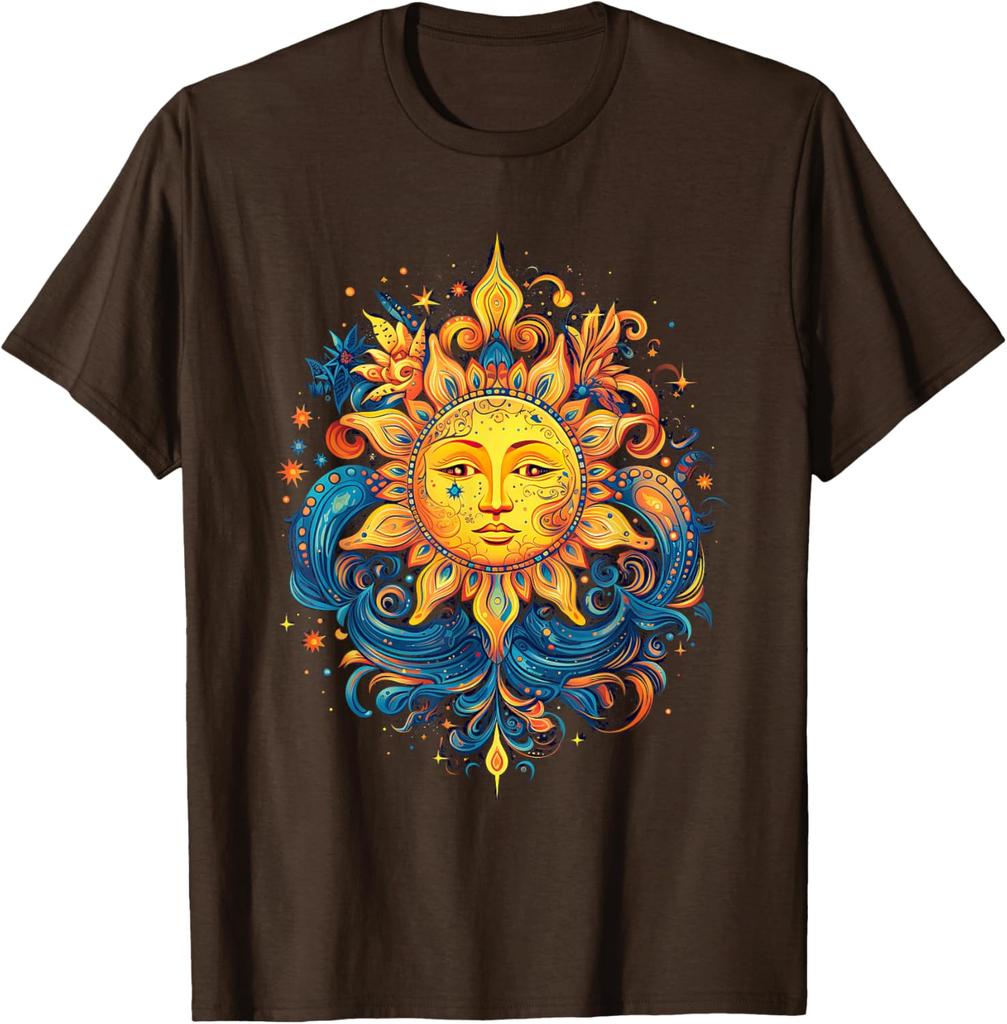 Mystical Sun Face Graphic Tee Men Casual Cotton Round Neck Vintage Aesthetic Print T-Shirt