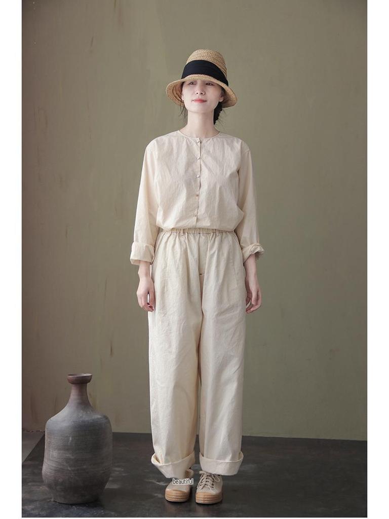 Women's Three-Season Retro Elastic Waist Wide-Leg Pants - Simple and Stylish In Raw Embryo Color
