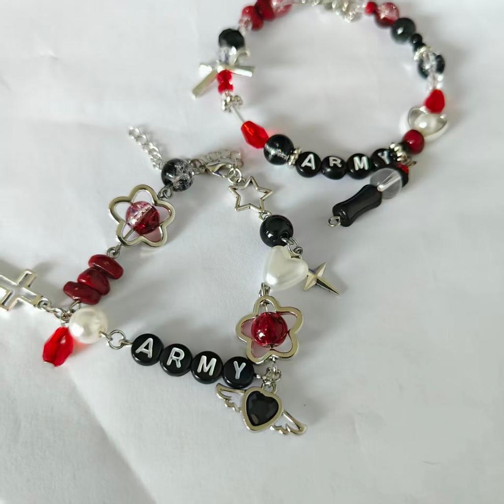 BTS Fan Merch ARMY Letter Beaded Bracelet, Black Red Star Cross Charm Wristband, Sweet Cool Concert Friendship Jewelry Gift