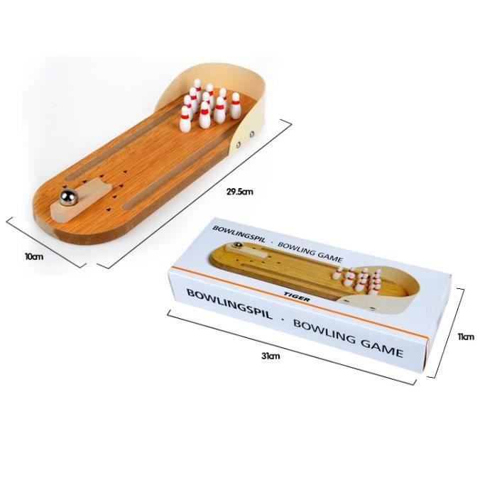 Mini Table Bowling - Set with 10 Pins - Skill Game for Adults and Children - Brown - Indoor