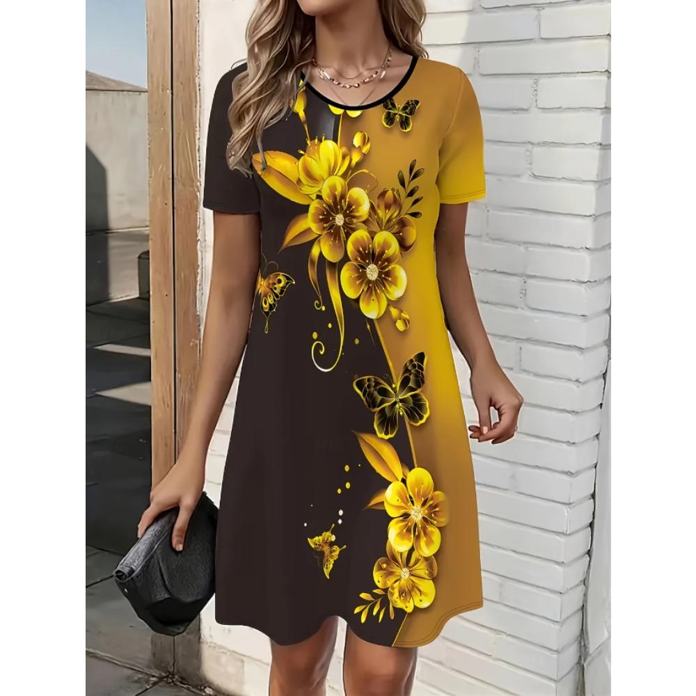 Abiti casual da donna con stampa floreale, manica corta, girocollo, per estate e primavera