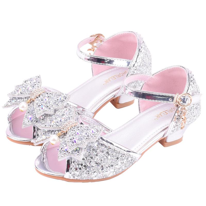 Children Princess Sandals Kids Girls Wedding Shoes High Heels Dress Shoes Bowtie Purple Pink Blue Silver Shoes for Girls