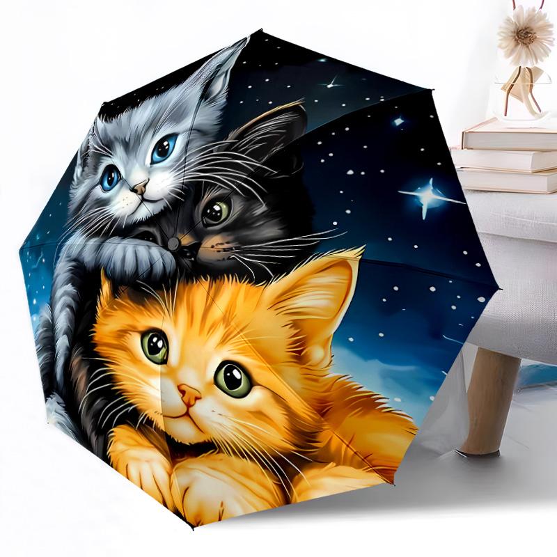 Flauschige Katze Fantasy Tragbarer Automatischer Regenschirm mit 8 Speichen Leichter Ganzjahres-Regenschirm für Reisen Outdoor-Zubehör