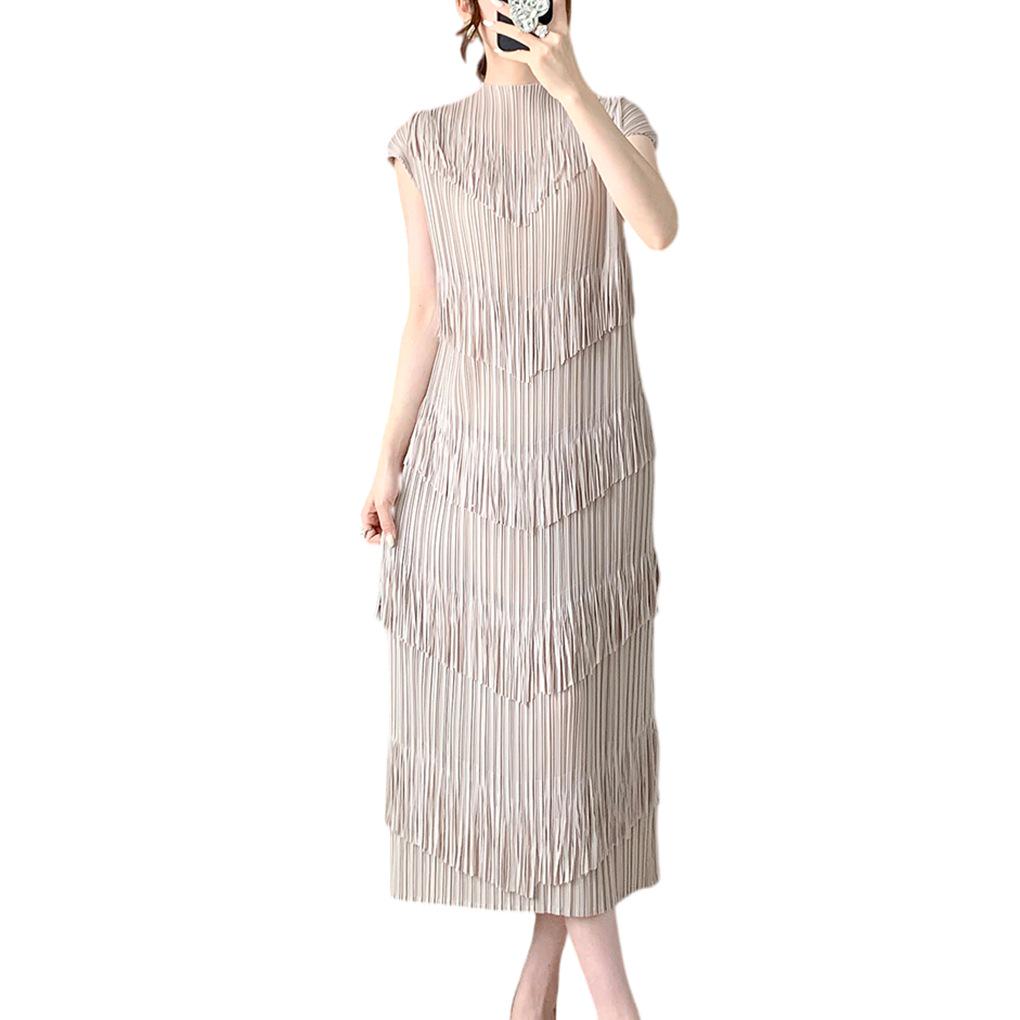 High-End Temperament Western Style Tassel Pleated Long Skirt for Spring/Summer