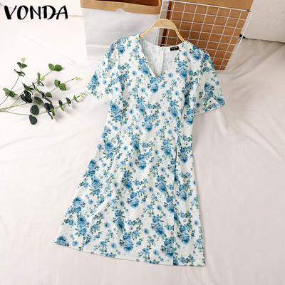 Summer Women V Neck Short Sleeve Floral Print Back Zip-up Casual Bodycon Dress