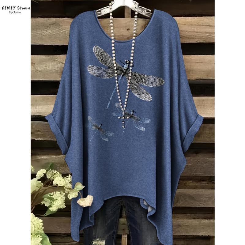 2025 Elegant Bohemian Women's T-shirt Flower Butterfly Bottom Round Neck Multi functional Summer Machine Washable