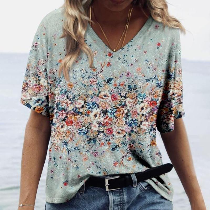 Summer Flower T-Shirts Floral 3D Print Women V-Neck Short Sleeve T Shirt Streetwear Y2K Casual Tees Harajuku Top Female Clothing