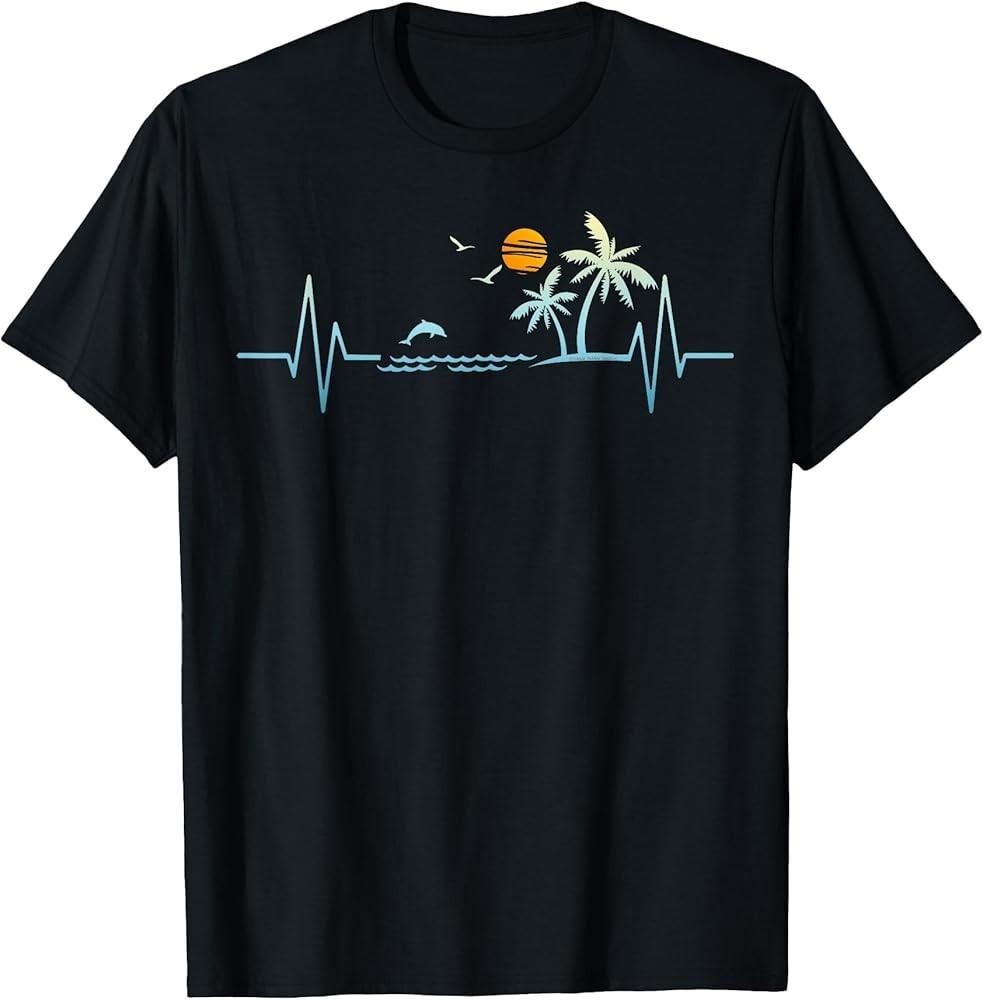 Heartbeat with Tropical Palm Trees Beach Island Sunset T-Shirt Unisex T-Shirt L