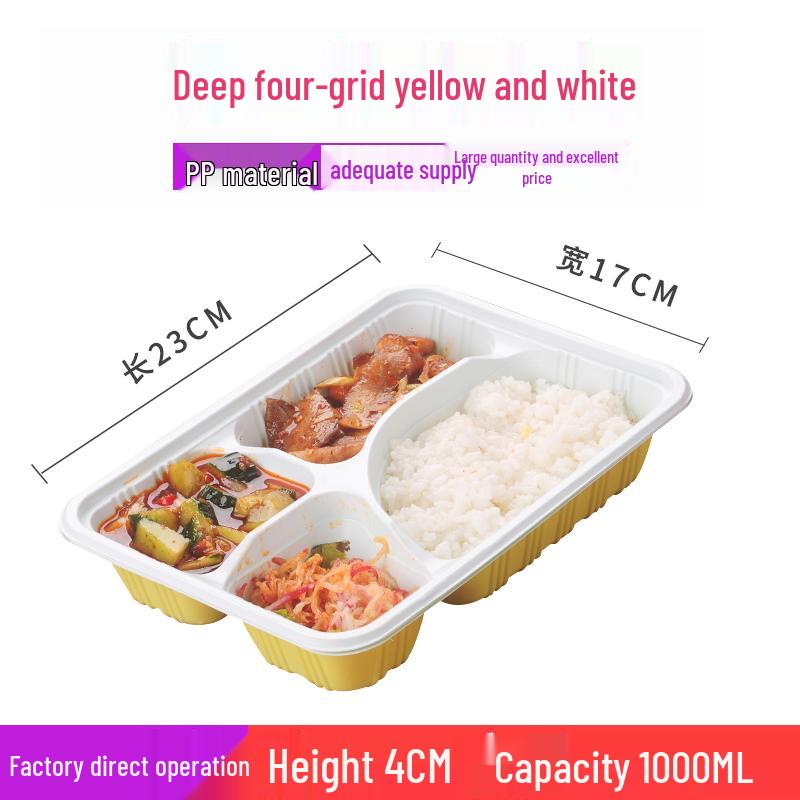 Four-Grid Disposable Plastic Bento Lunch Box with Lid, Multi-Compartment Food Packaging Container.