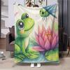 Kawaii Cartoon Frog Water Lily Fleece BlanketPond Insect Green Leaf Pattern Cozy Cover for Camping Office Living Room Daily Use